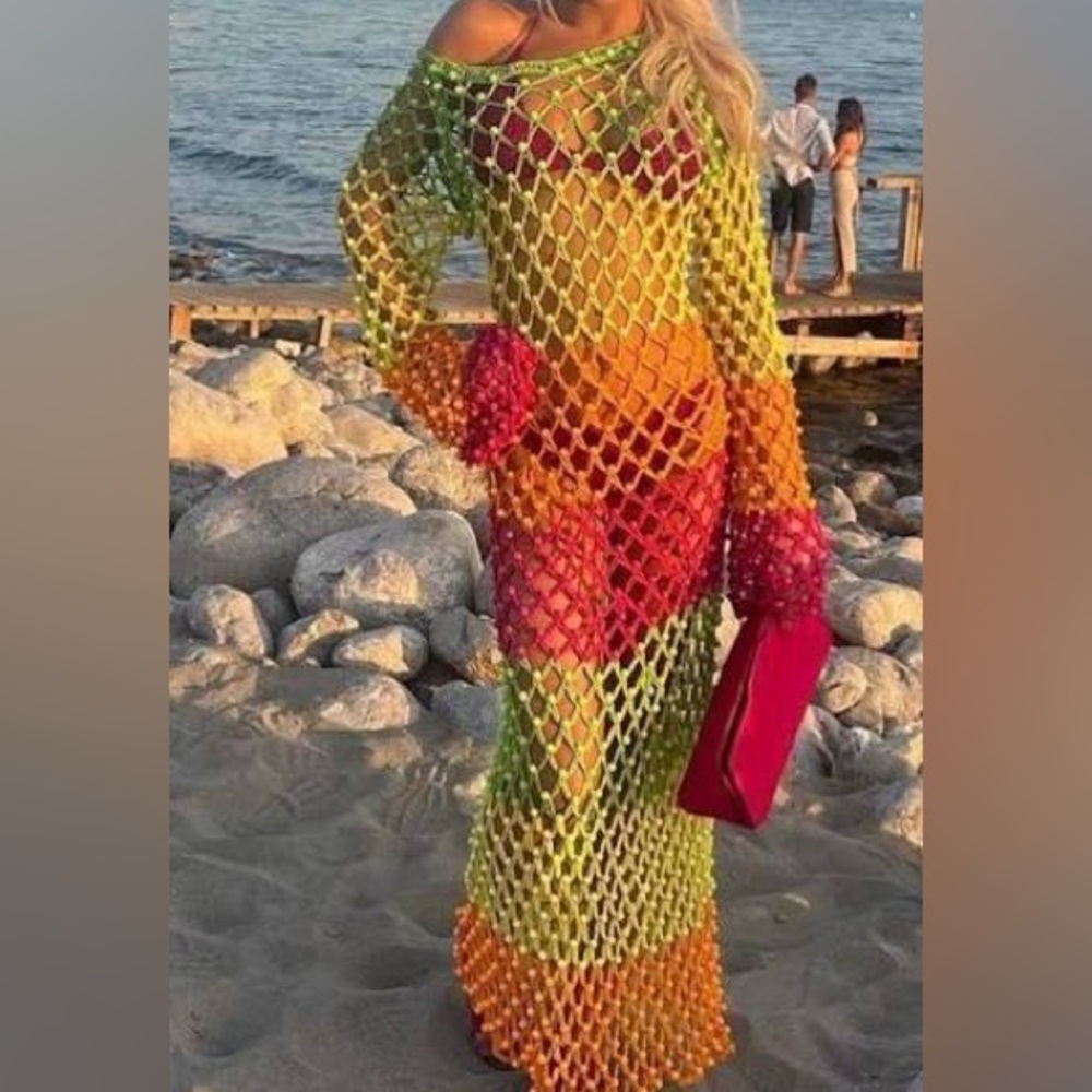 CeliaB Color-Block Crochet Beaded Dress NWT